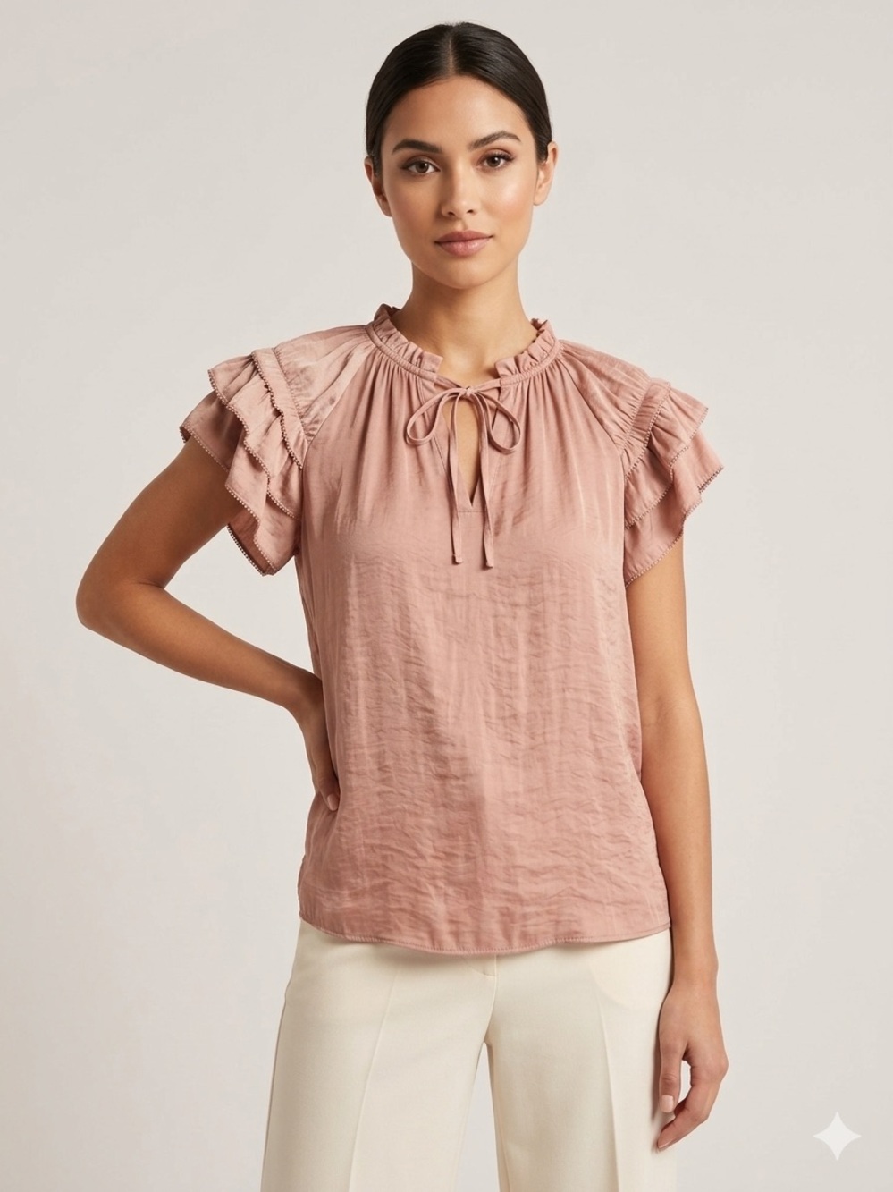 Feminine Minimalist Ruffle Sleeve Tie-Neck Blouse - Dusty Rose Business Casual